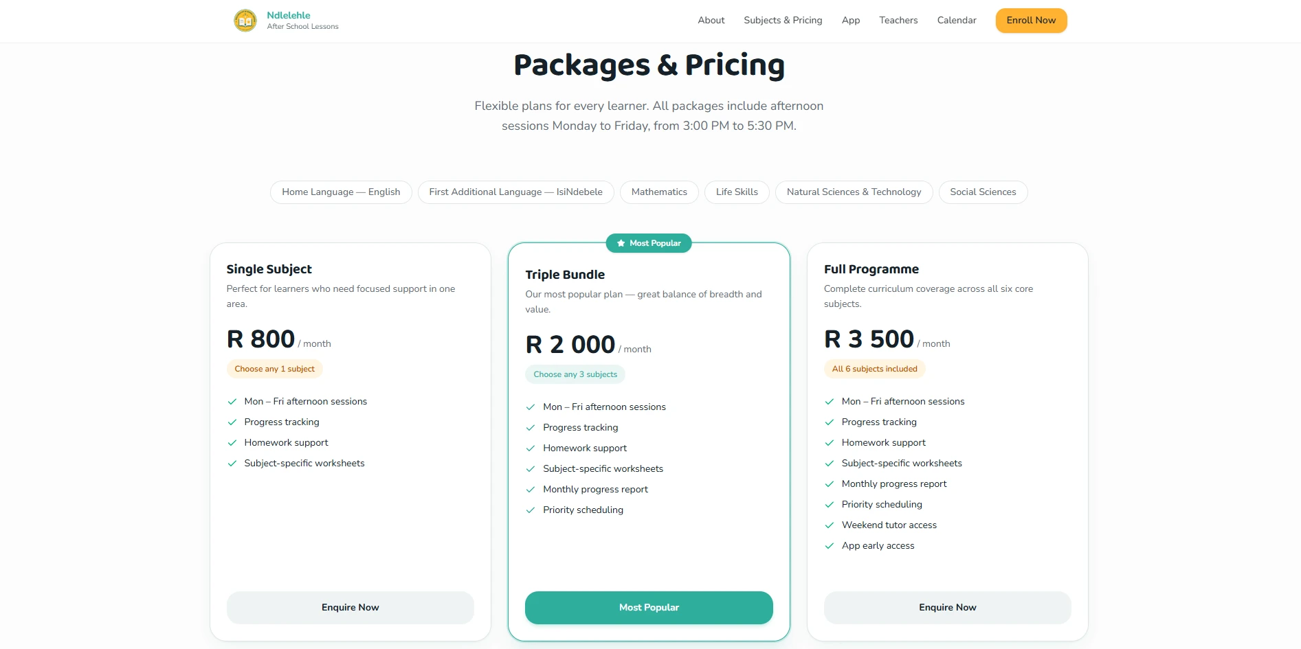 Ndlelehle After School Lessons: Packages and pricing