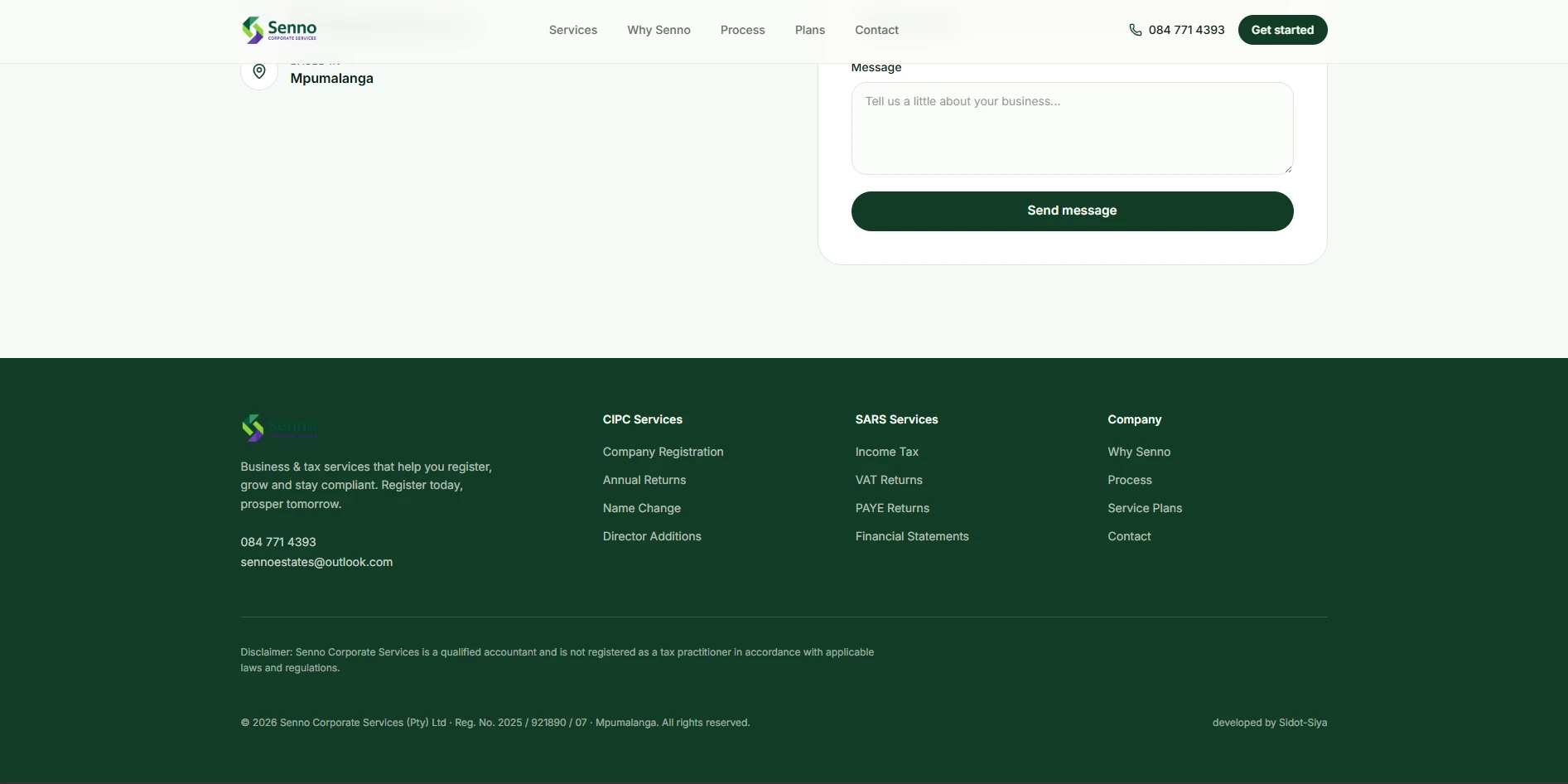 Senno Corporate Services: Contact and footer