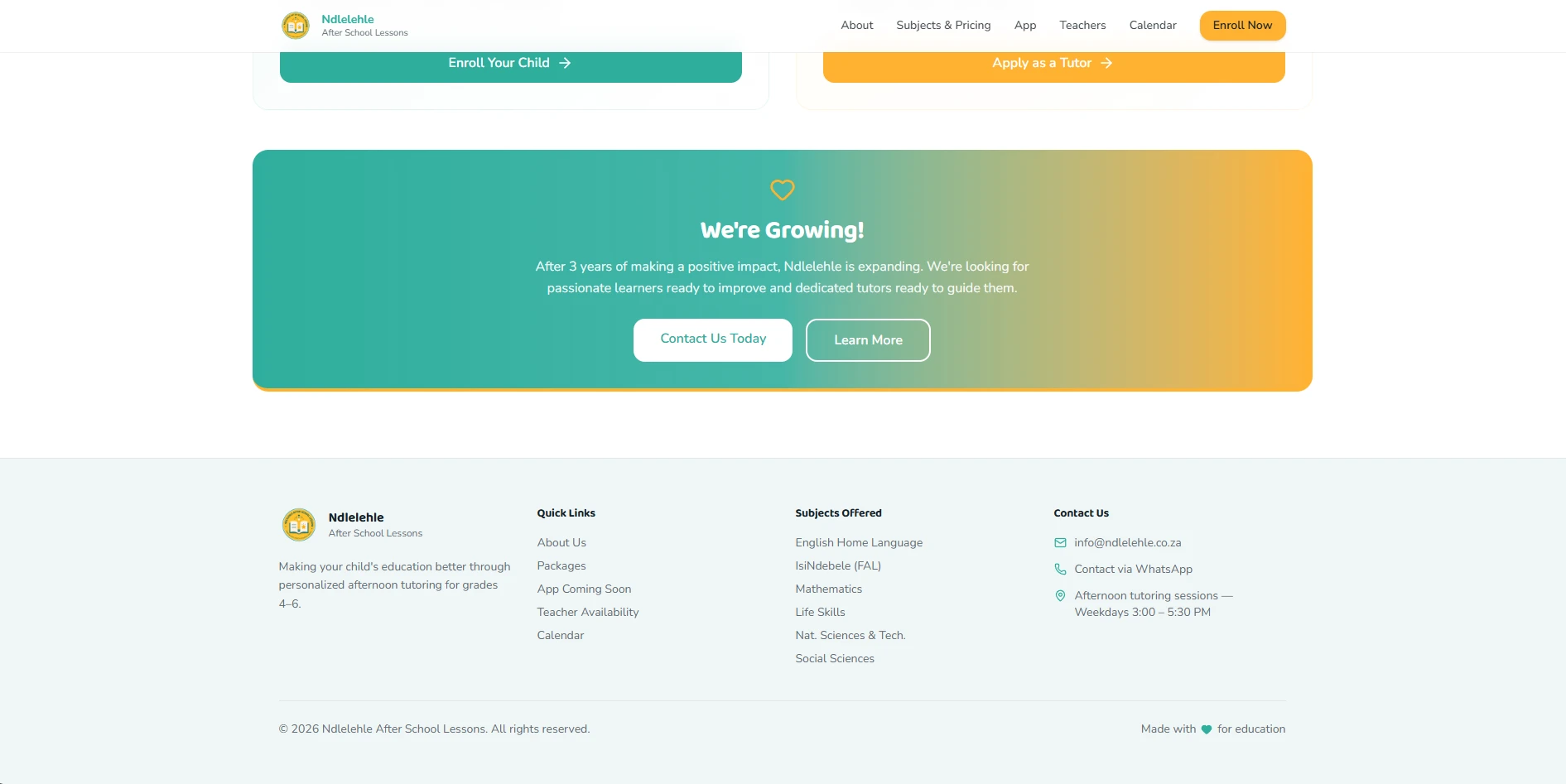 Ndlelehle After School Lessons: We're growing, and the footer